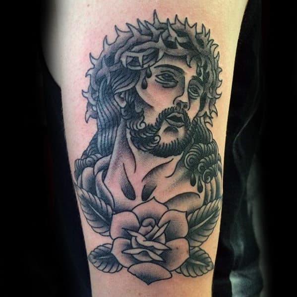 Outer Arm Guys Shaded Traditional Jesus Tattoo With Old School Design