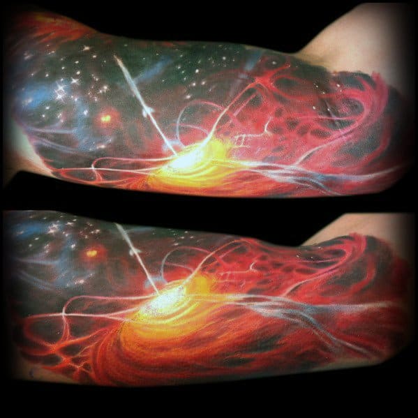 Colorful nebula tattoo showcasing stars, swirling red and yellow patterns, and a bright central light