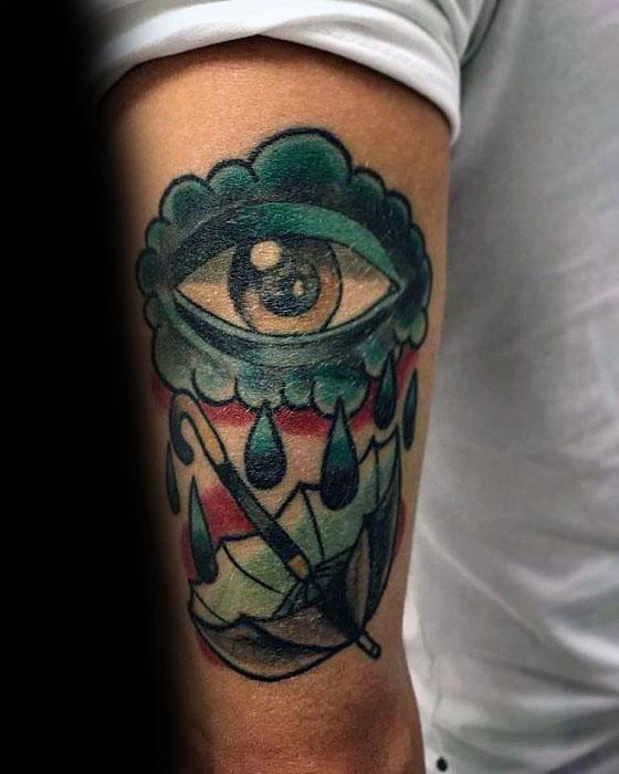 Outer Arm Tricep Eye With Tears Male Tattoo With Umbrella Design