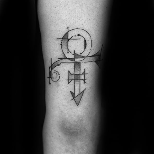 A geometric and minimalist tattoo design of Prince's iconic symbol, featuring fine lines and precise angles