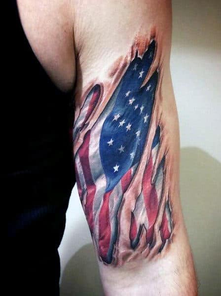 Outer Bicep Manly American Flag And Eagle Tattoos