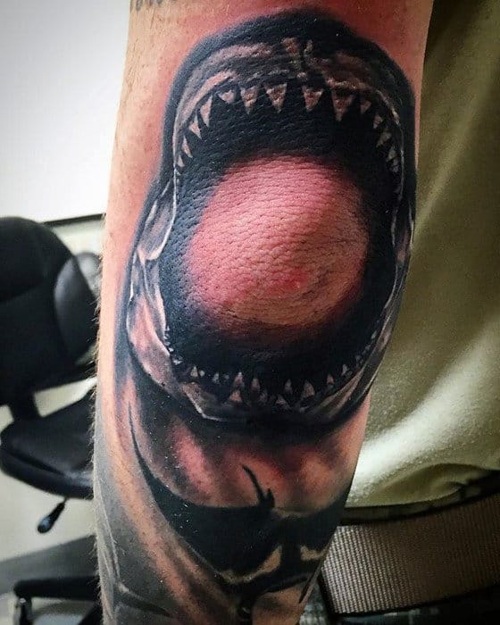 Outer Elbow Male Shaded Shark Jaw Tattoo Inspiration