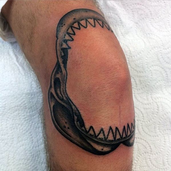 Outer Elbow Male Shark Jaw Old School Black Ink Tattoos