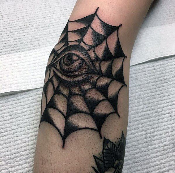 Outer Elbow Mens Eye With Spider Web Simple Traditional Tattoo