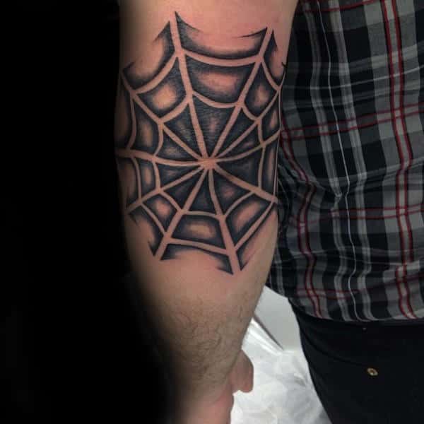 Outer Elbow Spider Web Tattoo On Man