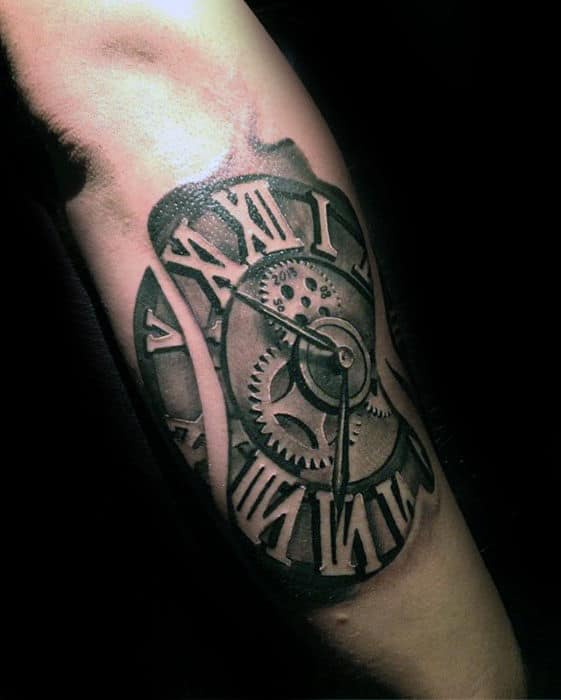 Outer Forearm 3d Roman Numeral Clock Tattoos For Men