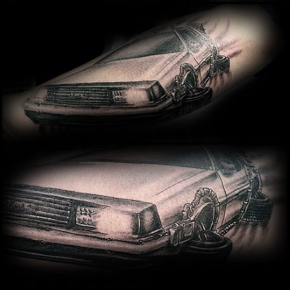 Outer Forearm Back To The Future Flying Delorean Mens Tattoo Ideas