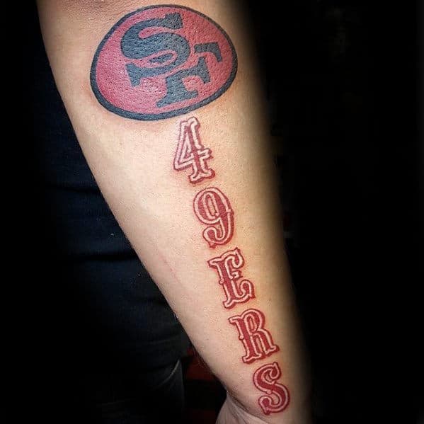 Outer Forearm Black And Red Ink 49ers Tattoo For Men