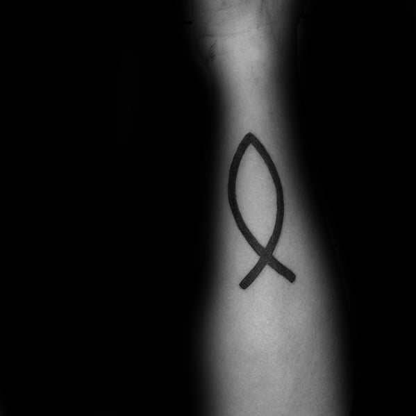 Outer Forearm Black Ink Awesome Ichthus Tattoos For Men