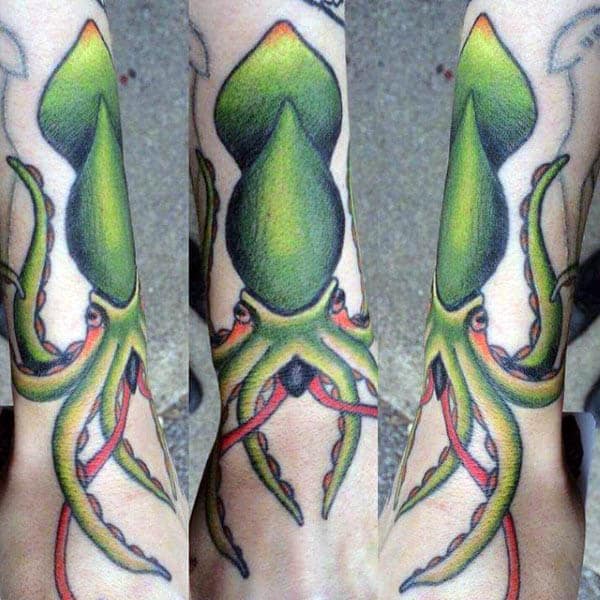 Outer Forearm Bright Green Male Squid Tattoos