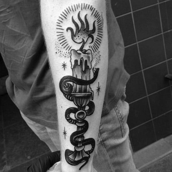 Outer Forearm Burning Candle Snake Traditional Guys Tattoos