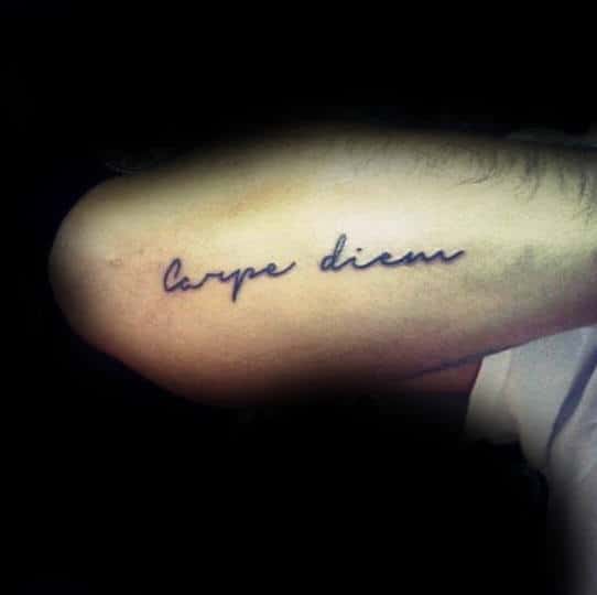 Outer Forearm Carpe Diem Male Tattoo Ideas With Cursive Lettering