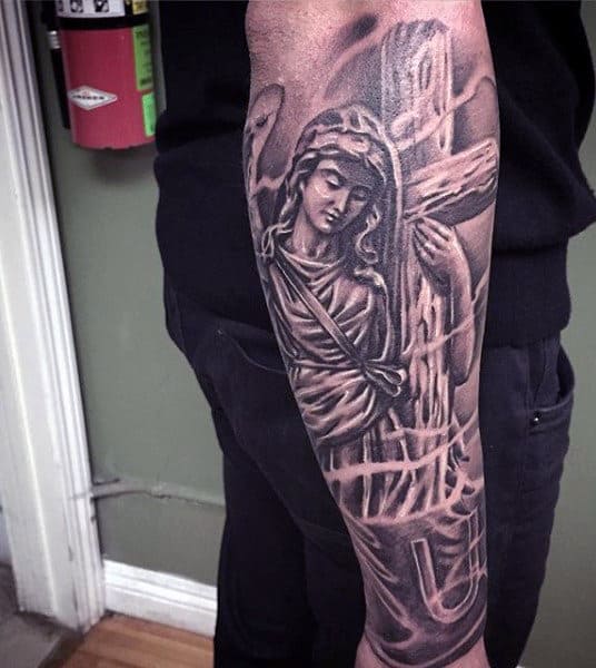 Outer Forearm Christian Tattoo Sleeves For Men Angel With Cross
