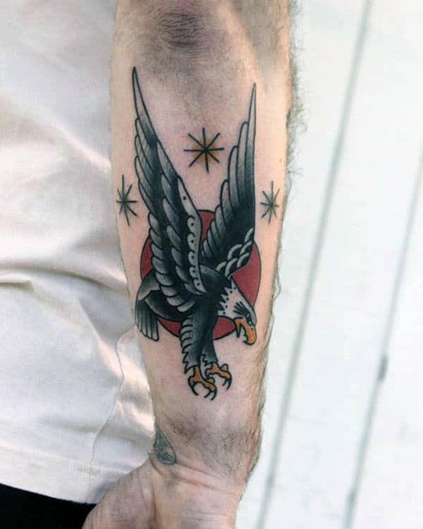 Outer Forearm Classic Traditional Guys Bald Eagle Red Sun Tattoos