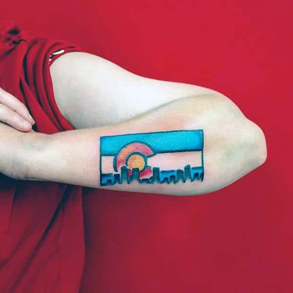 Outer Forearm Colorado Flag With Skyline Mens Tattoo