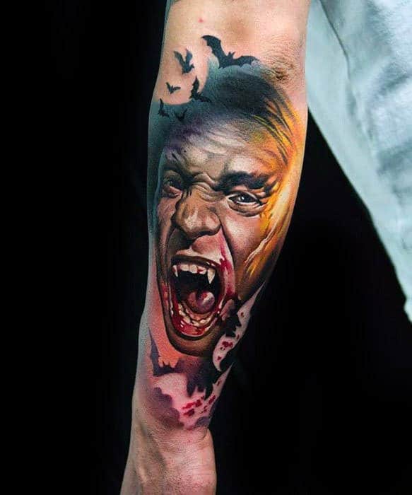 Outer Forearm Colorful Realistic Mens Dracula Themed Tattoo Ideas