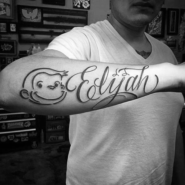outer forearm curious george the monkey kids name guys tattoo