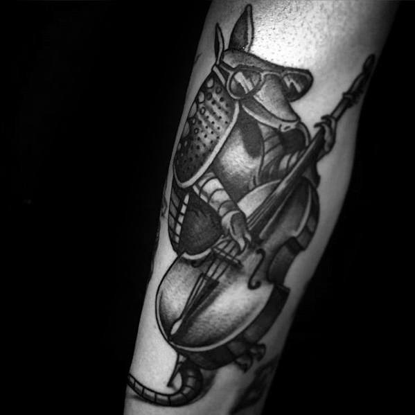 Outer Forearm Distinctive Male Armadillo With Musical Instrument Tattoo Designs