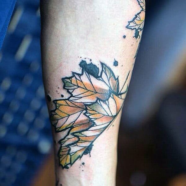 Outer Forearm Falling Leaf Tattoo For Guys