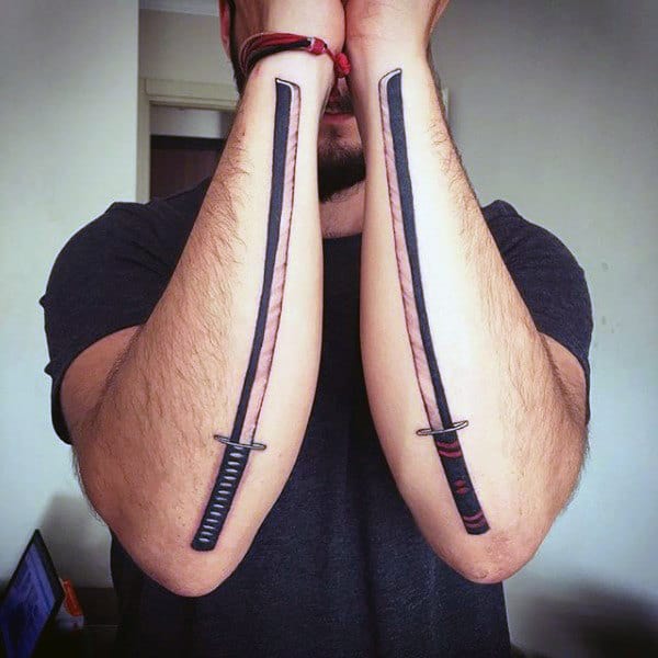 Outer Forearm Guys Katana Swords Tattoos