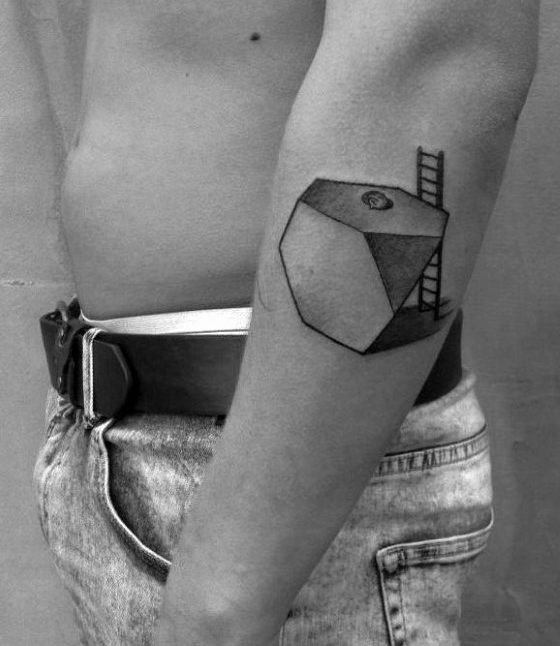 Minimalist surreal tattoo of a geometric cube with a small ladder and an eye on top, symbolizing mystery and perception.