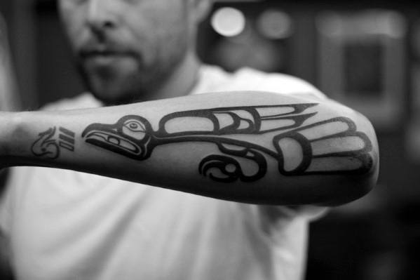 Outer Forearm Guys Tribal Bird Haida Tattoo Ideas