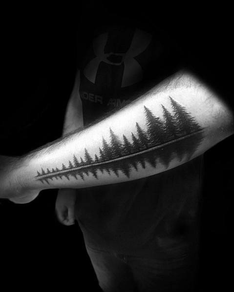 Outer Forearm Lake Water Reflection Creative Tree Line Tattoos For Guys