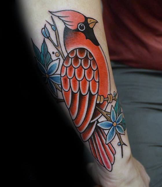 Outer Forearm Male Orange Traditional Bird Tattoo Design Ideas