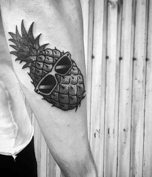 Outer Forearm Male Pineapple Sunglasses Tattoo Design Inspiration