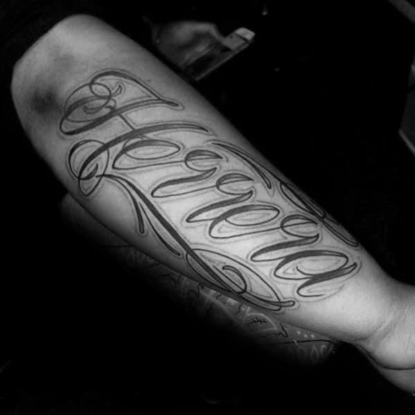 Outer Forearm Male Script Ornate Name Tattoo Designs