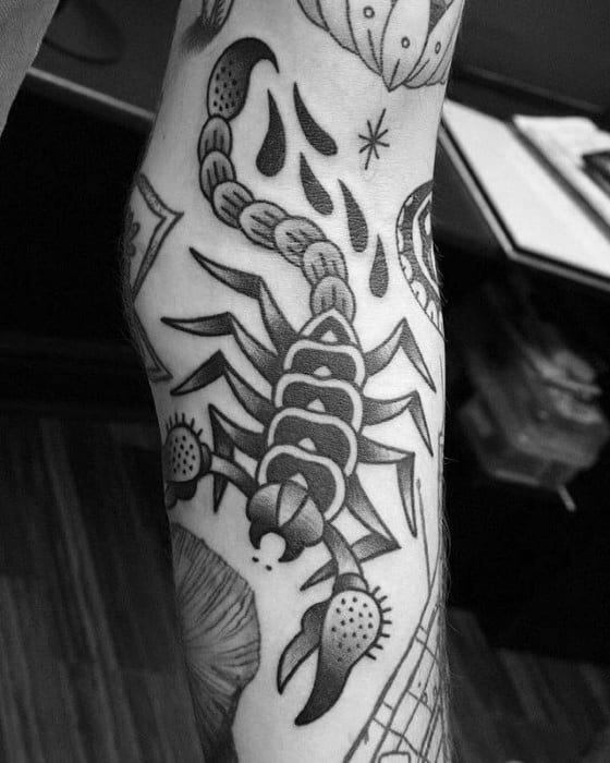 Outer Forearm Male Shaded Tattoo Of Traditional Scorpion Design