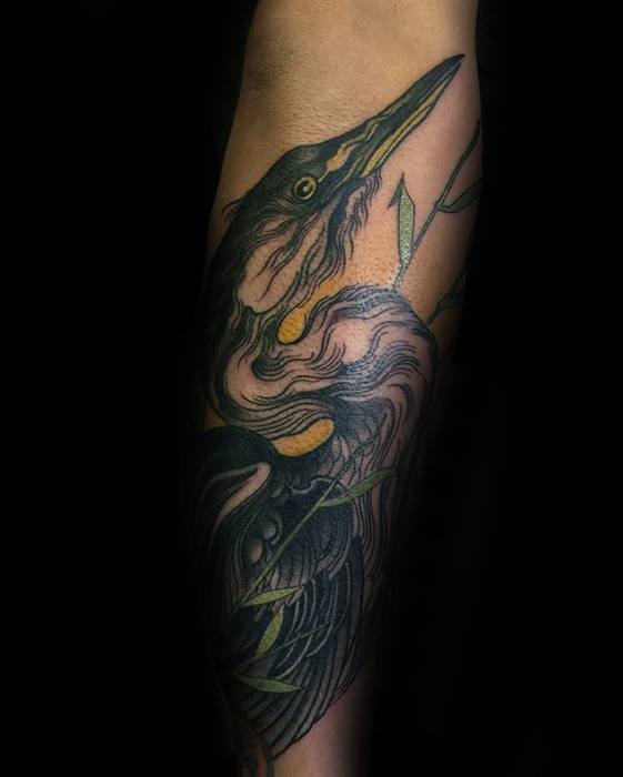Outer Forearm Mens Heron Tattoo Design Inspiration