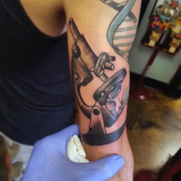 Outer Forearm Microscope Science Tattoo For Men