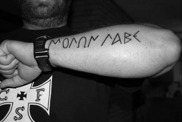 Outer Forearm Molon Labe Wording Outline Tattoo Design