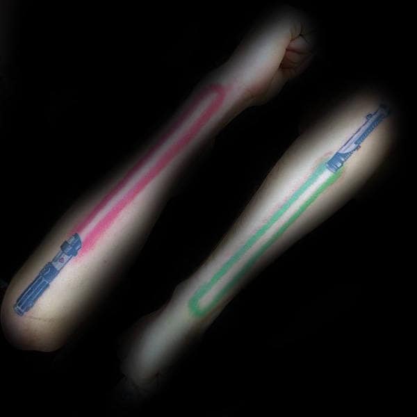 Outer Forearm Red And Green Lightsaber Tattos For Men