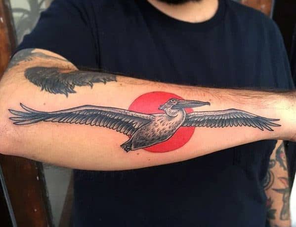 Outer Forearm Red Sun Pelican Guys Tattoo Ideas