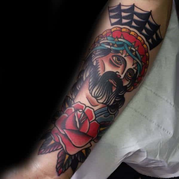 Outer Forearm Retro Traditional Jesus Mens Old School Tattoos