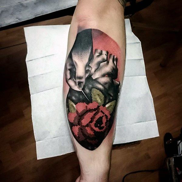 Outer Forearm Rose Flower Heart Manly Pixel Tattoo Design Ideas For Men