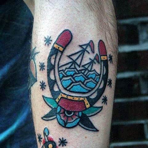 Outer Forearm Sailing Ship With Cool Traditional Horseshoe Mens Tattoo Ideas