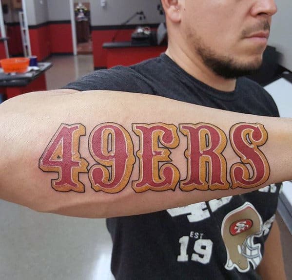 Outer Forearm San Francisco 49ers Lettering Mens Red And Gold Ink Tattoos