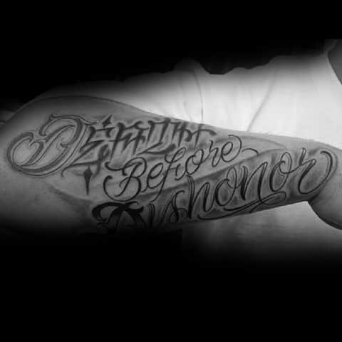 Outer Forearm Script Death Before Dishonor Guys Cool Tattoo Designs
