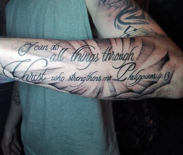 Outer Forearm Script Religious Mens Philippians 4 13 Tattoos