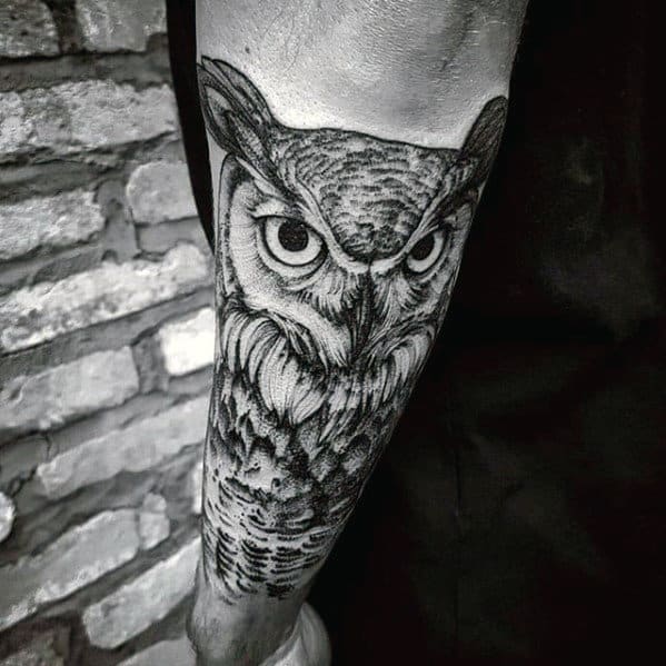Outer Forearm Shaded Male Owl Tattoo Design Inspiration