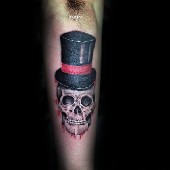 Outer Forearm Skull Male Tattoo With Top Hat Design