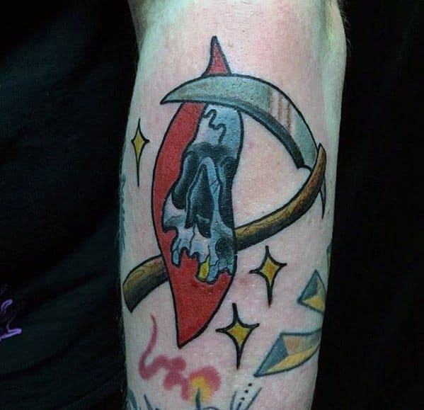 Outer Forearm Skull Scythe Tattoos Male