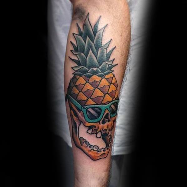 Outer Forearm Skull Sharp Pineapple Male Tattoo Ideas
