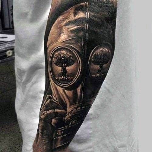 Outer Forearm Sleeve Gas Mask 3d Hyper Realistic Guys Mushroom Cloud Tattoos