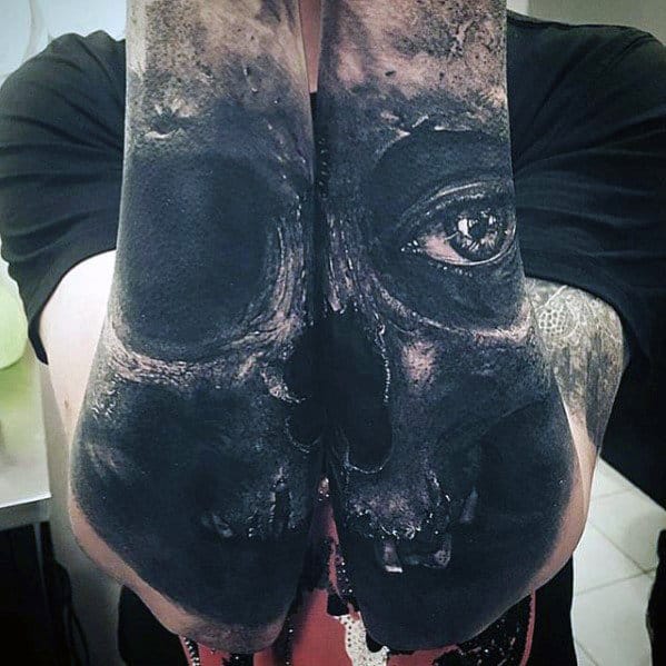 Outer Forearm Sleeve Mens Realistic Skull Tattoos