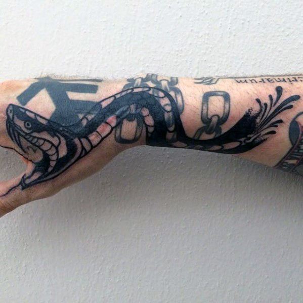 Tattoo of a black snake wrapped around a hand and wrist, creating a striking blast over