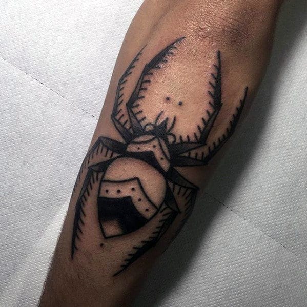 Outer Forearm Tattoo Of Black Ink Spider On Man With Traditional Design